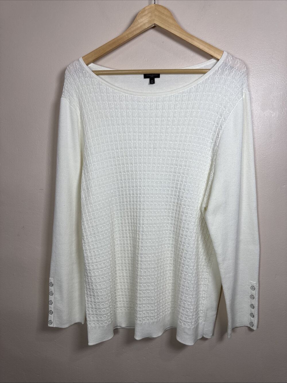 Talbots Plus 2X White Cable Knit Sweater Gold Button Shoulder Pullover Women’s